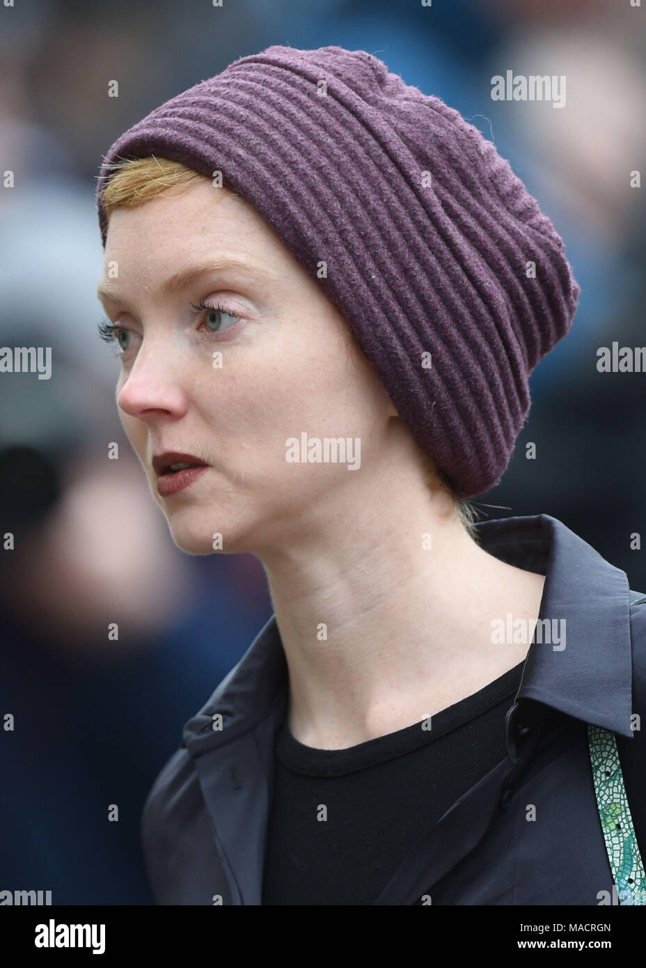 Lily Cole arrives for the funeral service of Professor Stephen Hawking at University Church of St Mary the Great in Cambridge. Stock Photo