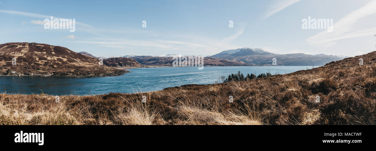 Panoramic view of mountains over Kyle Rhea from Kyle Rhea Otter Hide trail, Isle of Skye, Scotland. Stock Photo