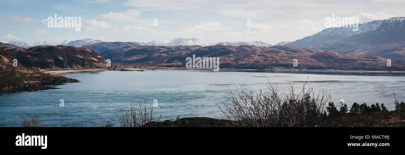 Panoramic view of mountains over Kyle Rhea from Kyle Rhea Otter Hide trail, Isle of Skye, Scotland. Stock Photo
