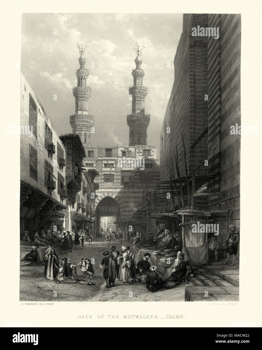 Vintage engraving of Gate of the Metwaleys, Cairo 19th Century, after David Roberts Stock Photo