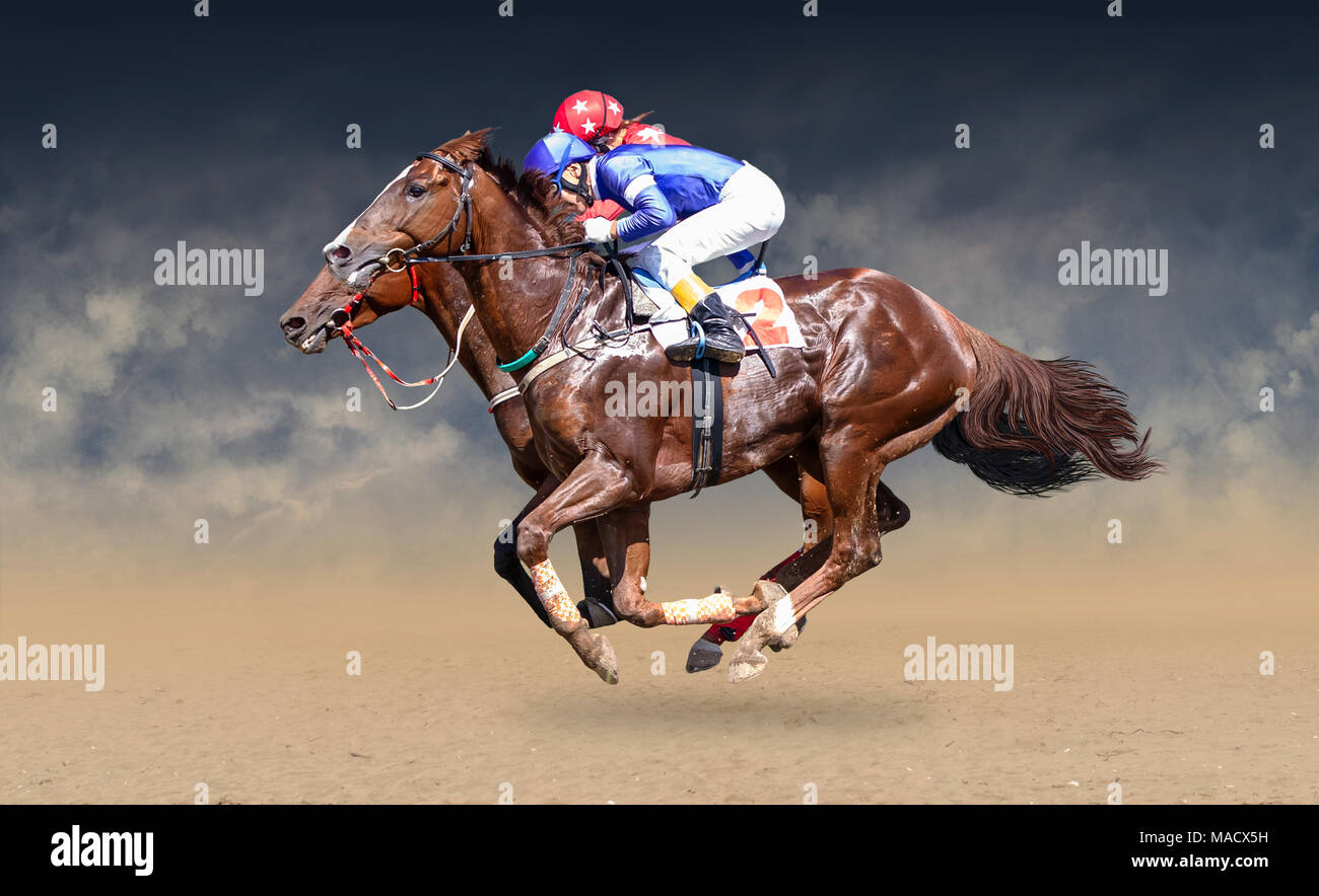 Two racing horses neck to neck in fierce competition for the finish