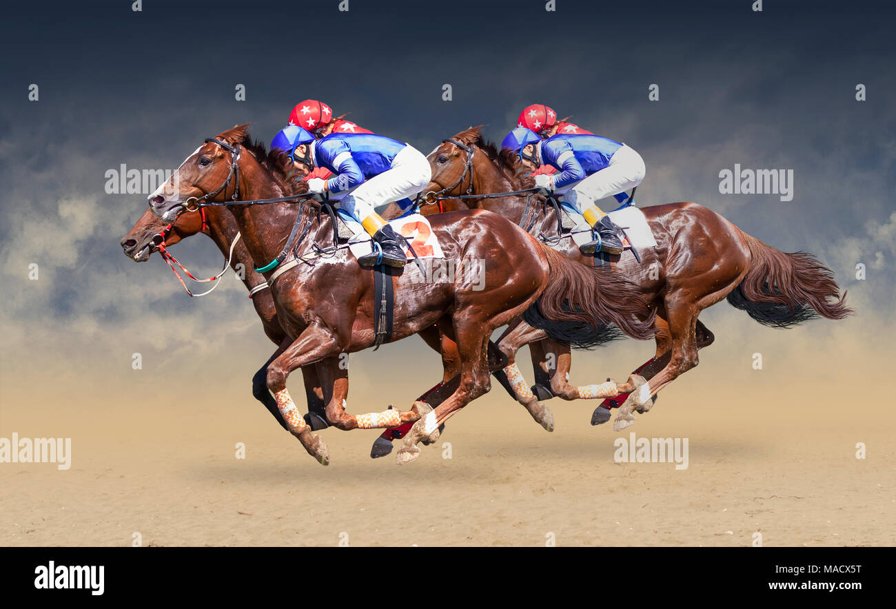 Four racing horses neck to neck in fierce competition for the finish