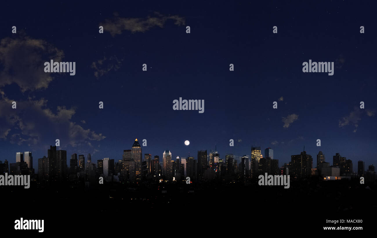 A full moon rises over the Manhattan skyline. Stock Photo