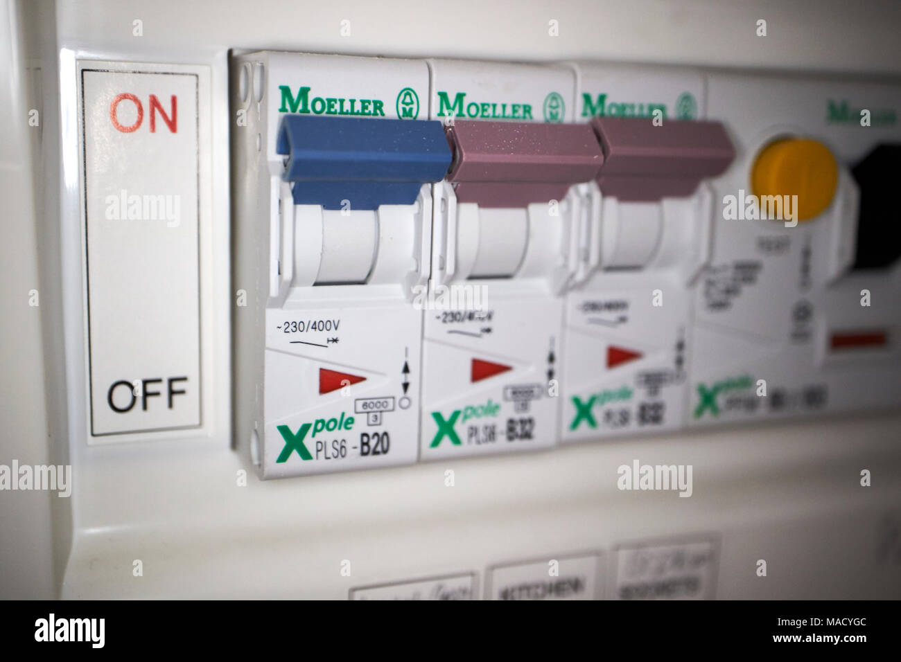 domestic plastic electrical consumer unit distribution unit with RCD trip switches in the uk Stock Photo