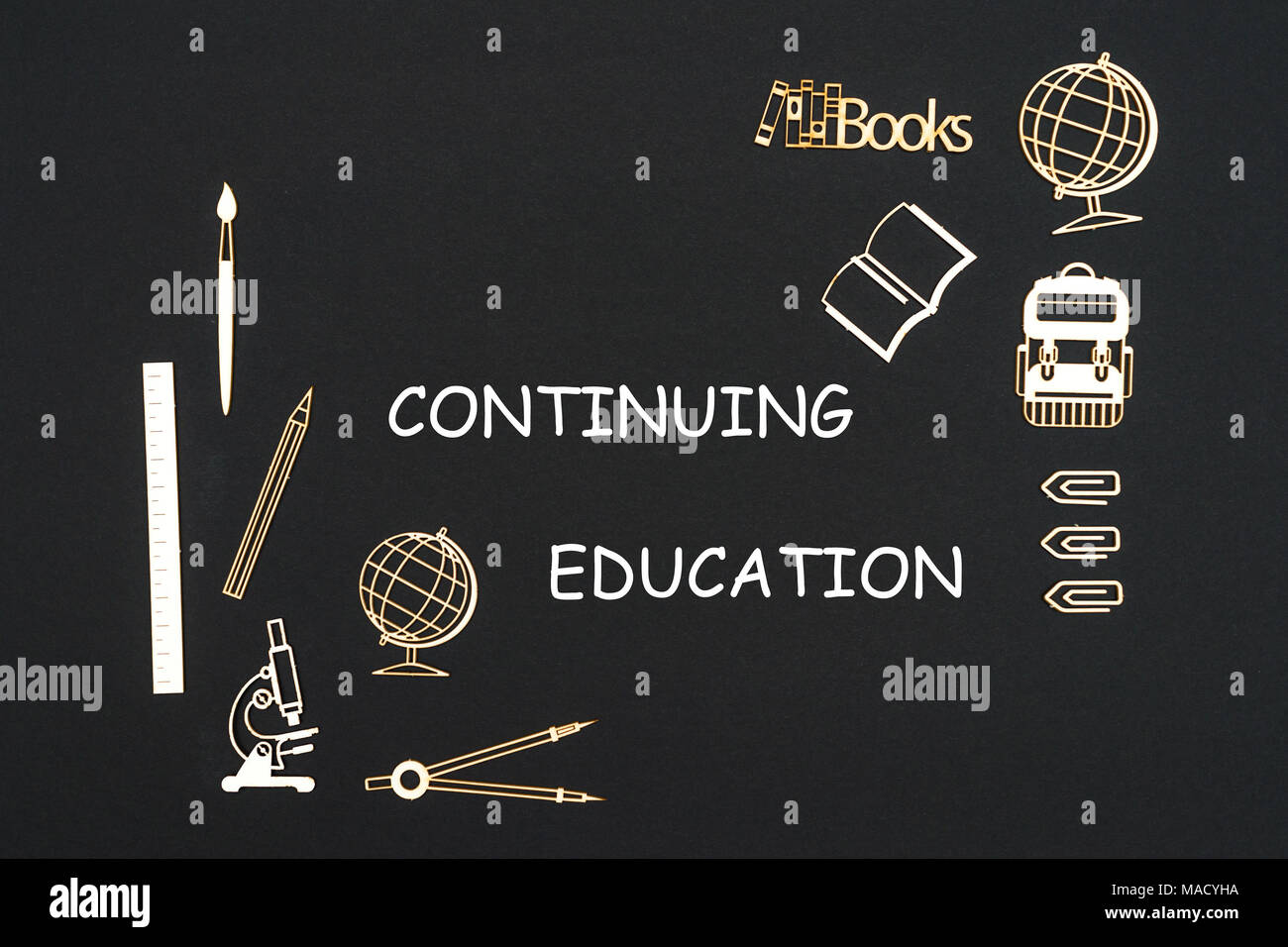 School supplies chipboard miniatures placed on blackboard with text continuing education