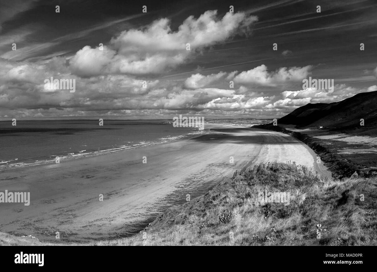 Monochrome image of Rhossili Beach, Gower Peninsula, Wales, UK. Stock Photo