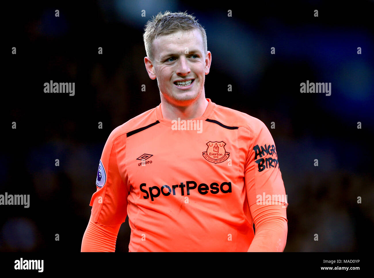 Everton goalkeeper Jordan Pickford during the Premier League match at Goodison Park, Liverpool. Stock Photo