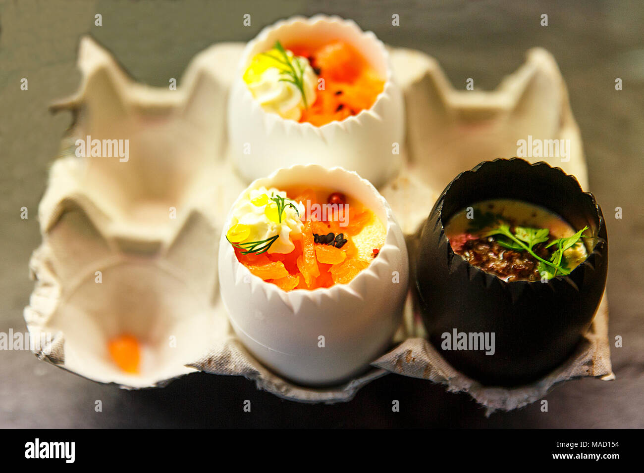 eggs stuffed with salmon, asparagus and truffle, biarritz marketfrance Stock Photo Alamy