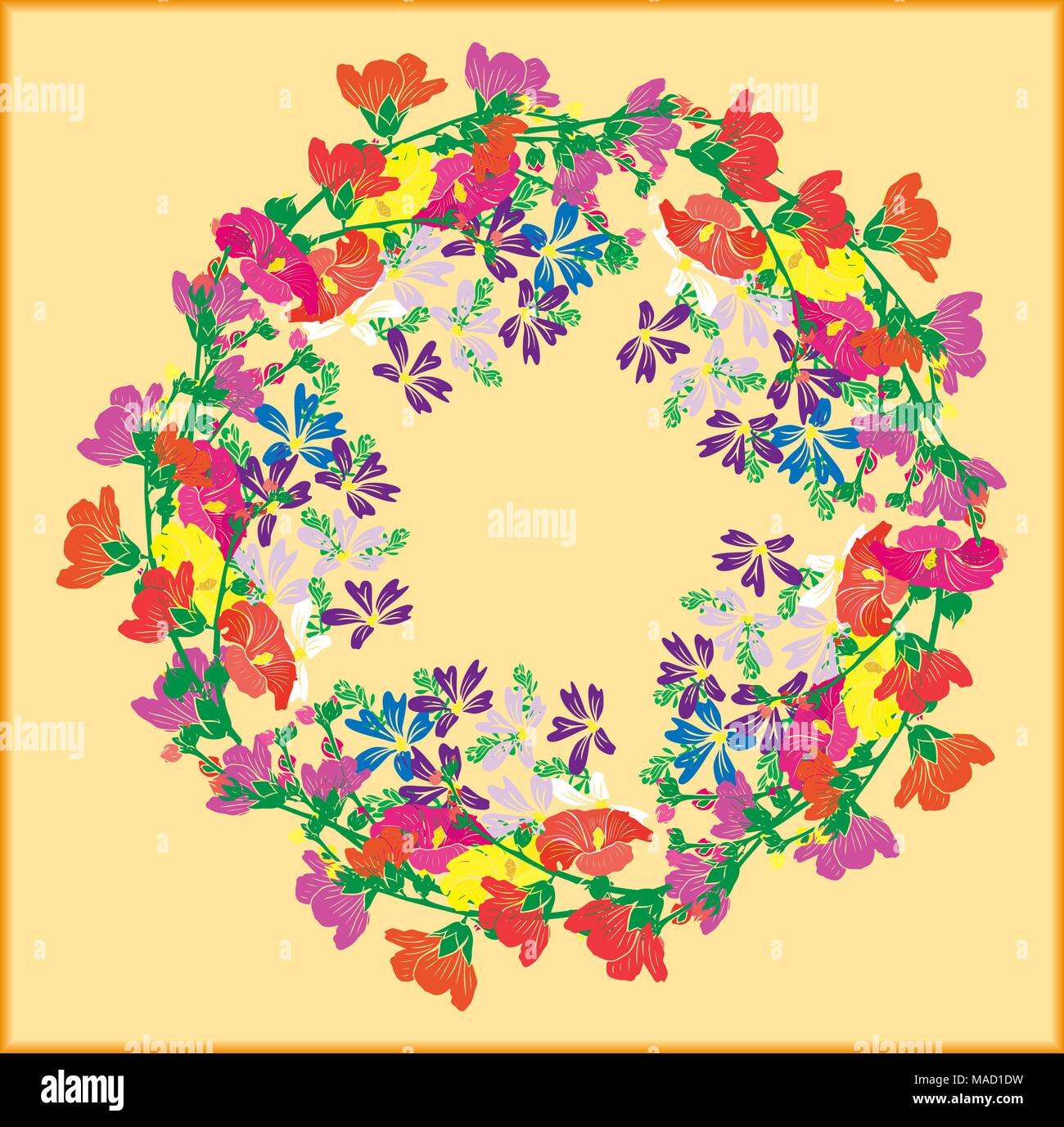 a wreath of flowering branches with pink, red and yellow buds of mallow and blue small flowers on a yellow background, empty space Stock Vector