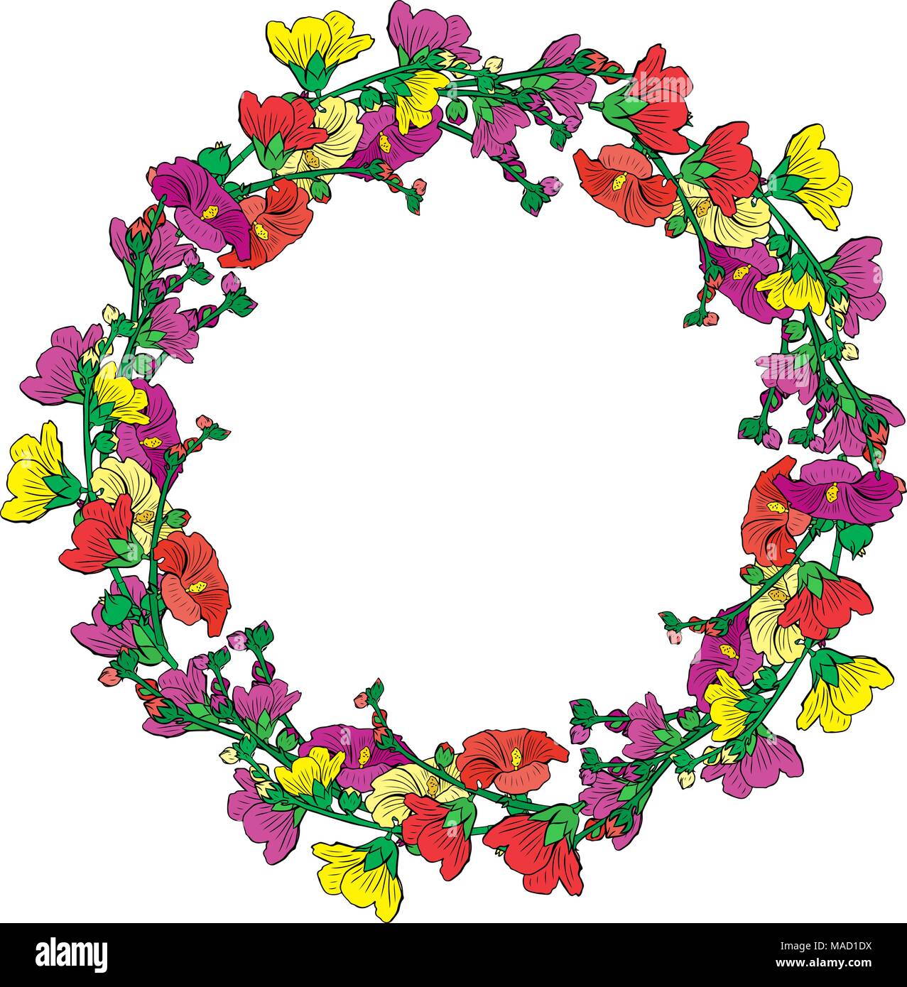 round wreath of flowering branches with pink, red and yellow buds mallow isolated on white background, empty space in the middle Stock Vector