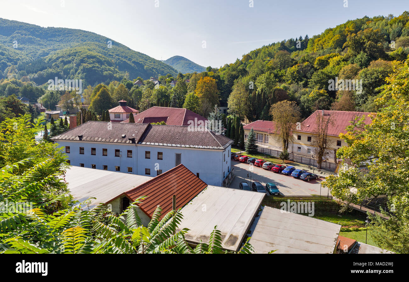 Spa resort Sklene Teplice townscape, Slovakia. It is a small spa village in Banska Bystrica Region of central Slovakia. It is close to the historic to Stock Photo