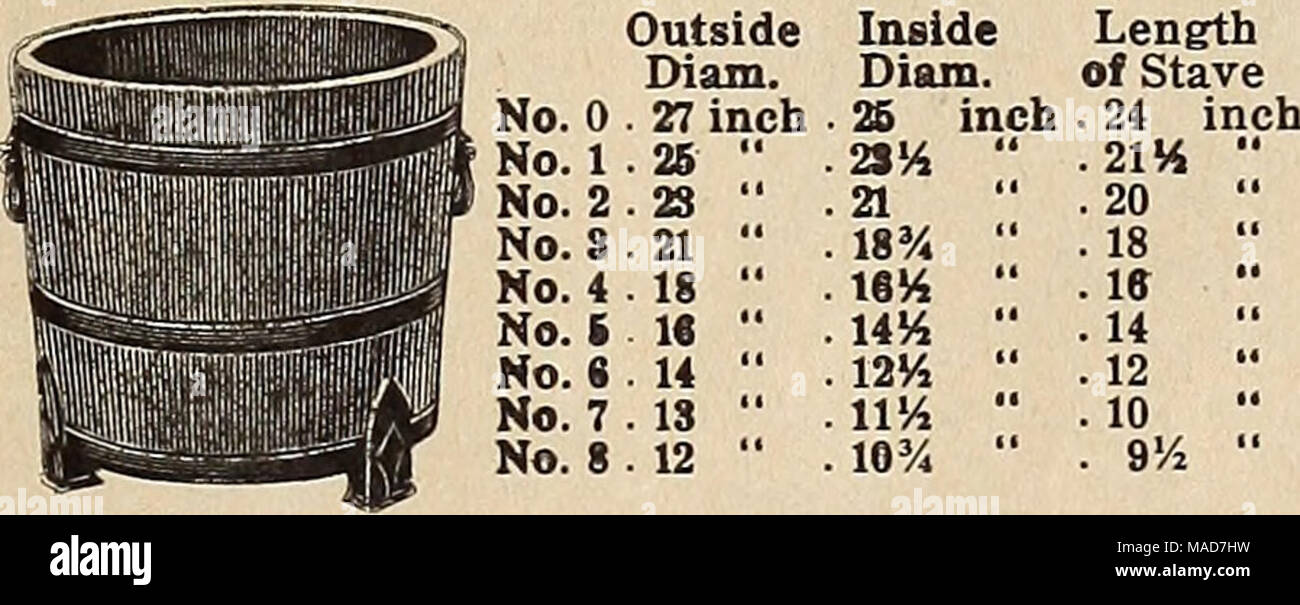 . Dreer's wholesale price list : bulbs for florists plants for florists flower seeds for florists florists' requisites . Dreer's Improved Keystone Cedar Plant Tub Made of white cedar, painted green, bound with strong electric-welded wire hoops. The three largest siaes have handles. A good heavy tub, very durable. Outside Inside Length No. Diam. XKam. of Stave Each A 11 in. 10 in. 12 in $1 65 B 12K in. 11 in. 12 in 1 85 C 1814 in. 12 In. 13 in 2 20 D 14K in. 18 in. 14 in 2 50 E 16% in. 14 in. 14 in 2 80 F 16% in. 15 in. 15 in 3 15 Stock Photo
