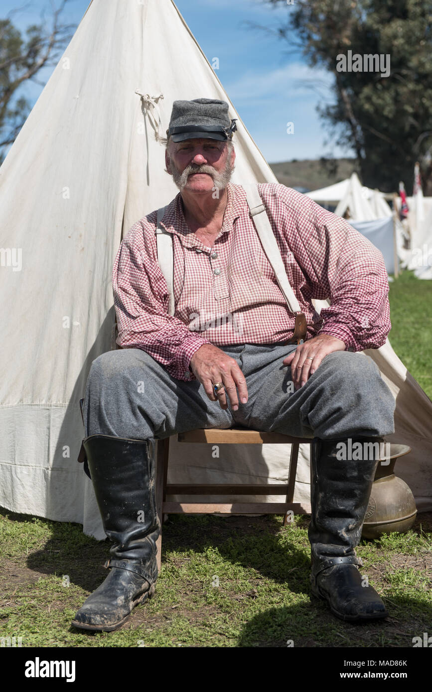 MOORPARK, CA - MARCH 18: The Blue and Gray Civil War Reenactment in Moorpark, CA is the largest battle reenactment west of the Mississippi. Stock Photo