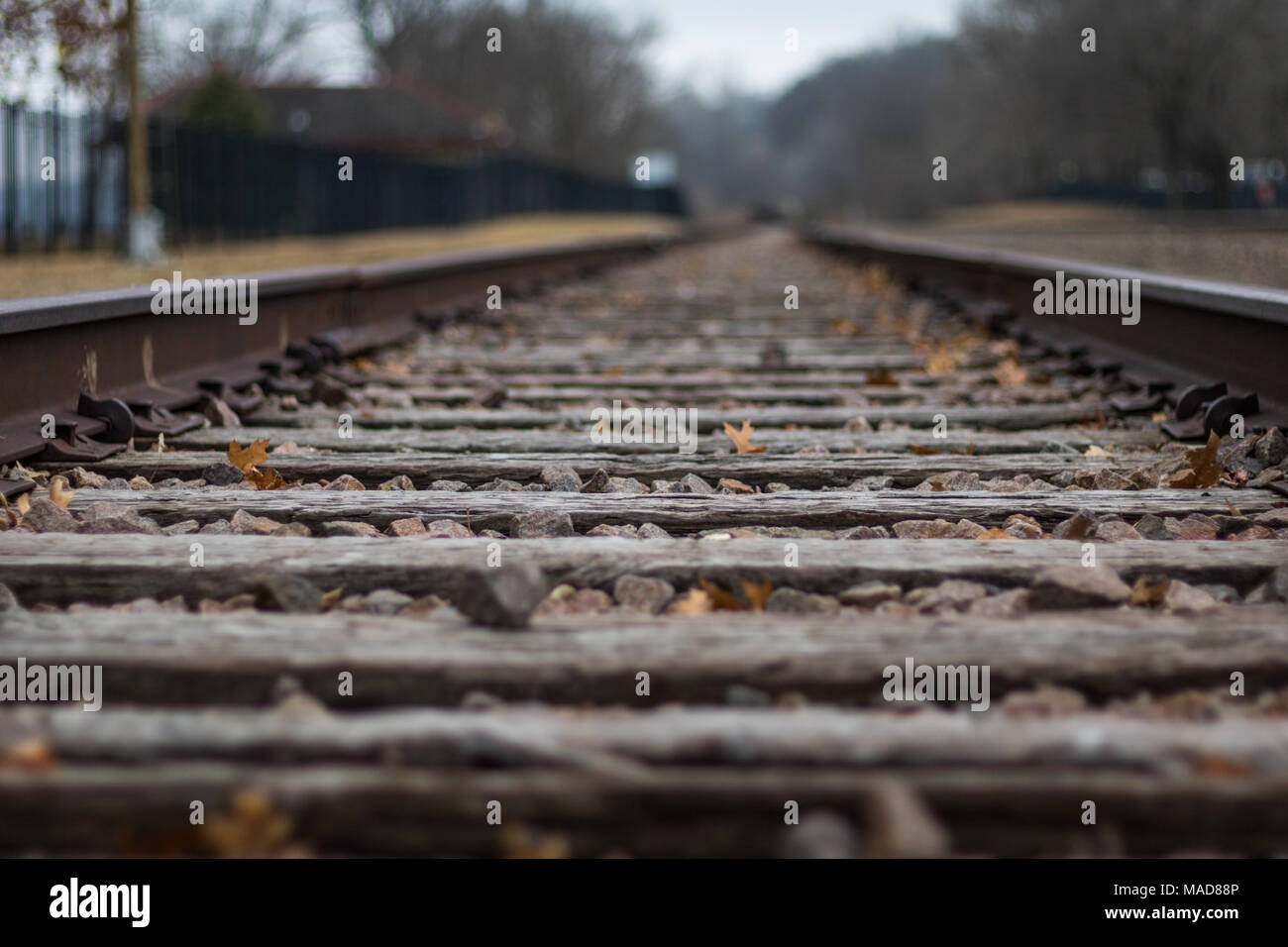 close up low angel of railroad tracks, very shallow depth of field leaving the track to fade off into the blur of the background Stock Photo