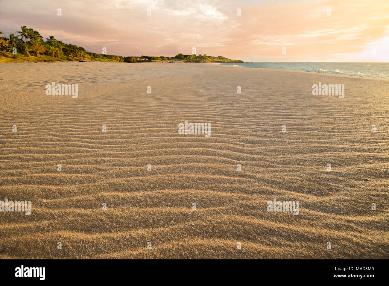 Wind blows ripples in the sand on the two mile long, three hundred feet wide, Papohaku Beach on the west shore of Molokai. This is the longest white-s Stock Photo