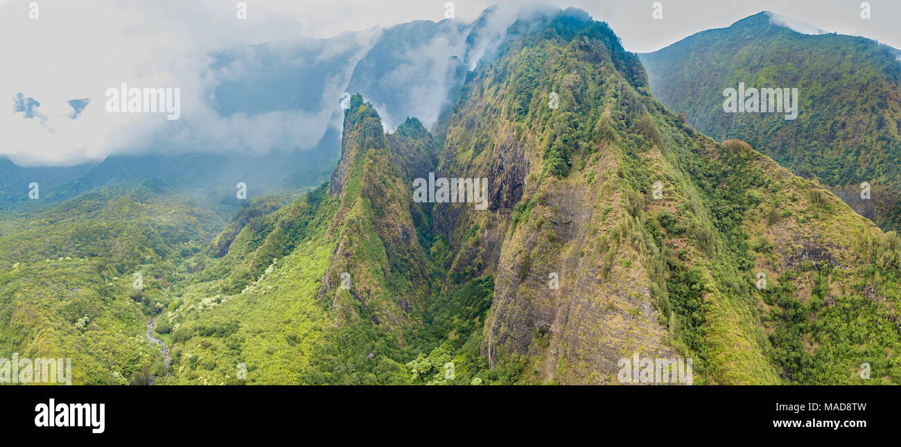 An aerial view of the Maui Iao Needle in Iao Valley State Park, Maui, Hawaii. Four images were digitally combined to create this composite. Stock Photo