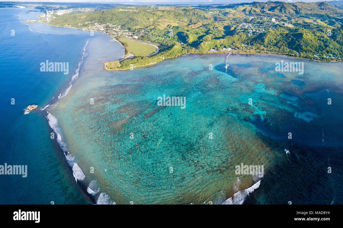 An aerial panorama of Piti Bay, Fisheye Marine Park and the War in the Pacific National Historical Park, Guam, Micronesia, US Territory, Central Pacif Stock Photo