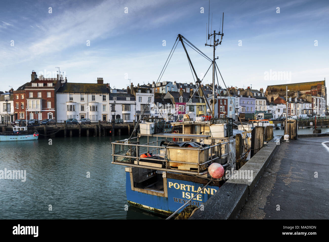Fishing boats and trawlers moored at Custom House Quay Weymouth Harbour