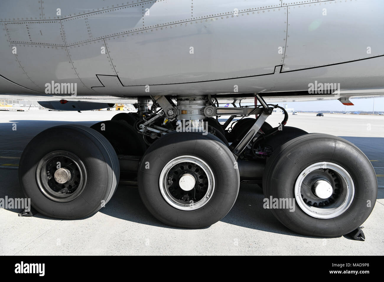 Lufthansa, Airbus, A380, A380-800, 800, Landing, Landing Gear, Main, Wheels, Details, Wing, Parking, Position, Maintenance, Munich, Airport, MUC, Stock Photo