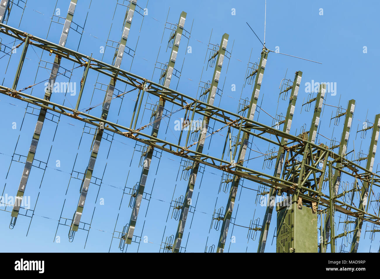 Antenna of modern mobile military radar station on the blue sky ...