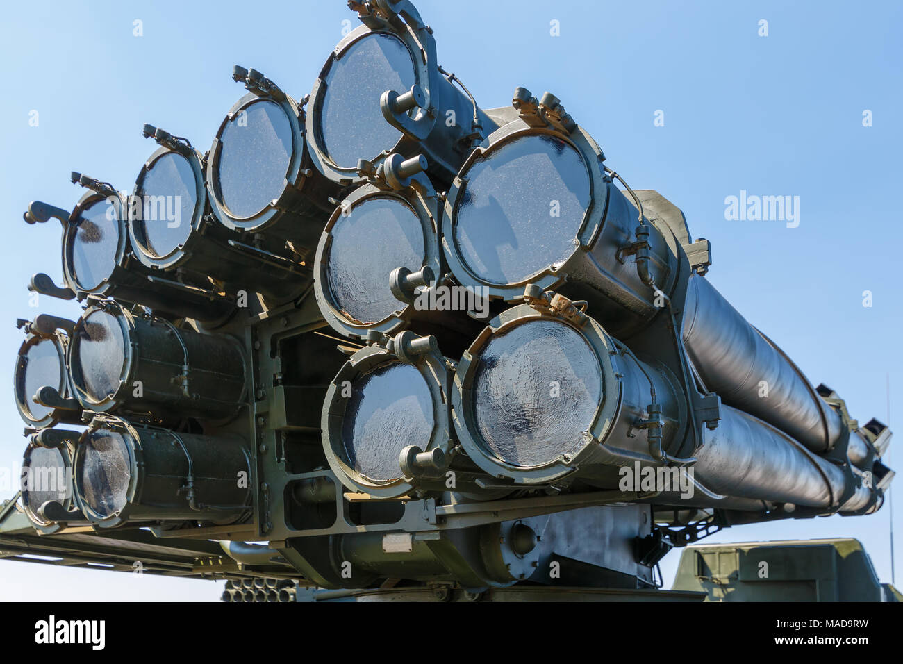 KADAMOVSKIY TRAINING GROUND, ROSTOV REGION, RUSSIA, 26 AUGUST 2017: Soviet heavy multiple rocket launcher 9A52-2 SMERCH Stock Photo