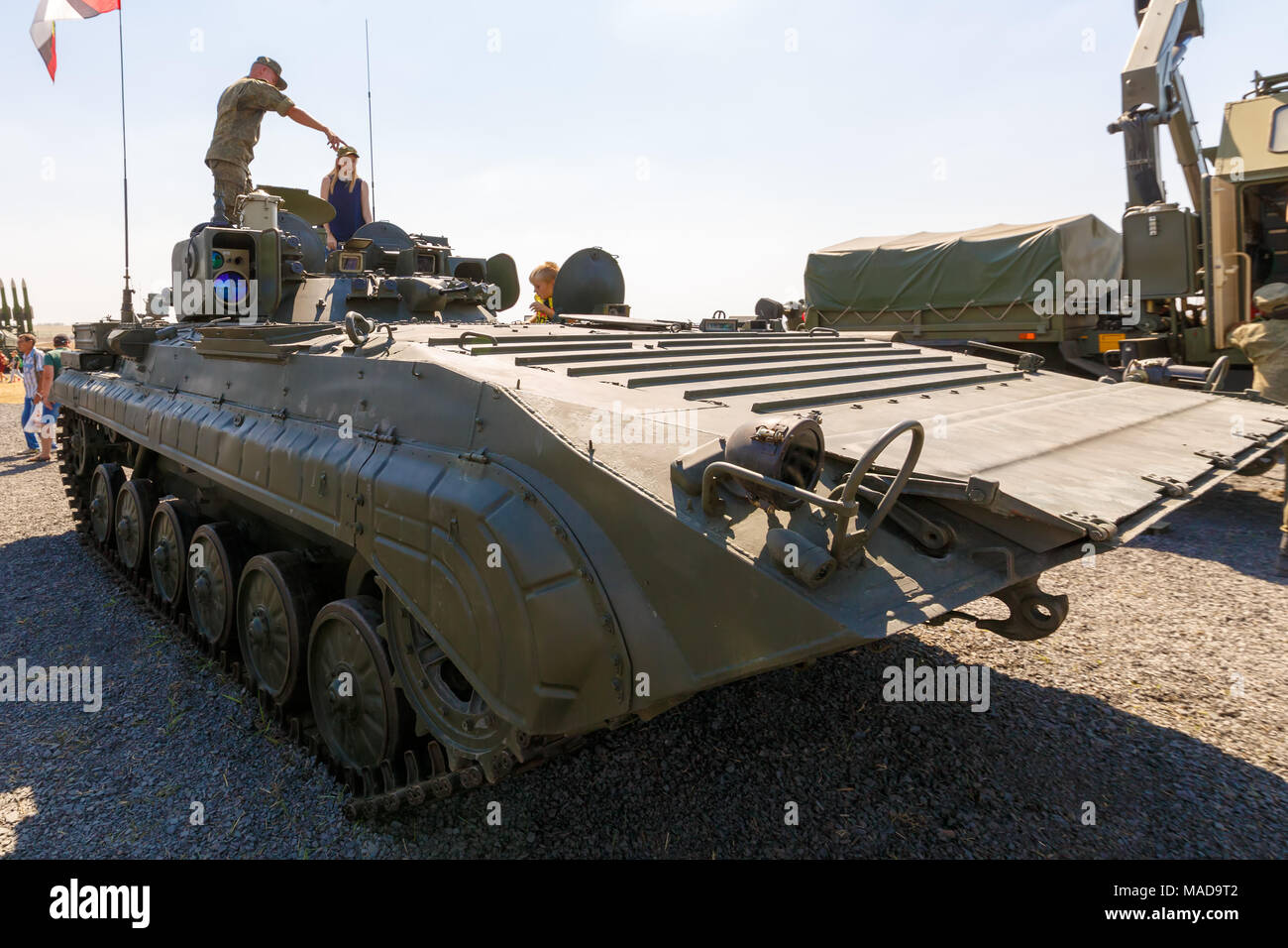 KADAMOVSKIY TRAINING GROUND, ROSTOV REGION, RUSSIA, 26 AUGUST 2017: Soldier shows visitors the mobile reconnaissance post PRP-4A Stock Photo