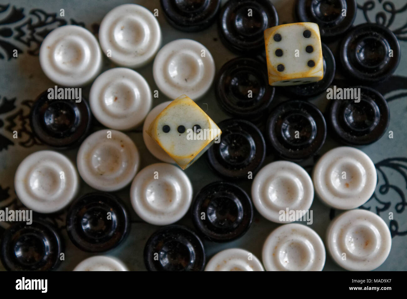 Backgammon opened, mini table game for journey, top view Stock Photo