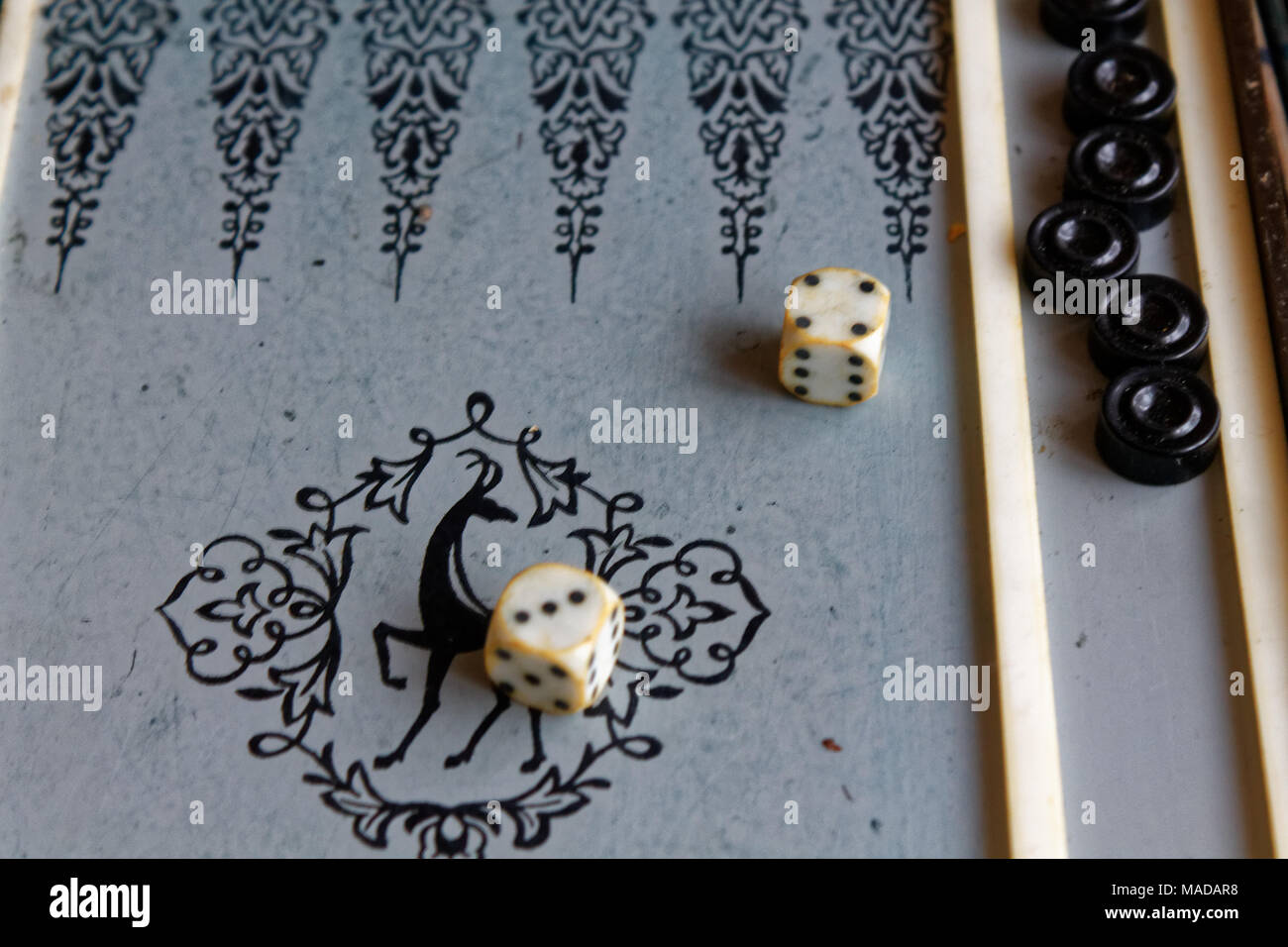 Backgammon opened, mini table game for journey Stock Photo