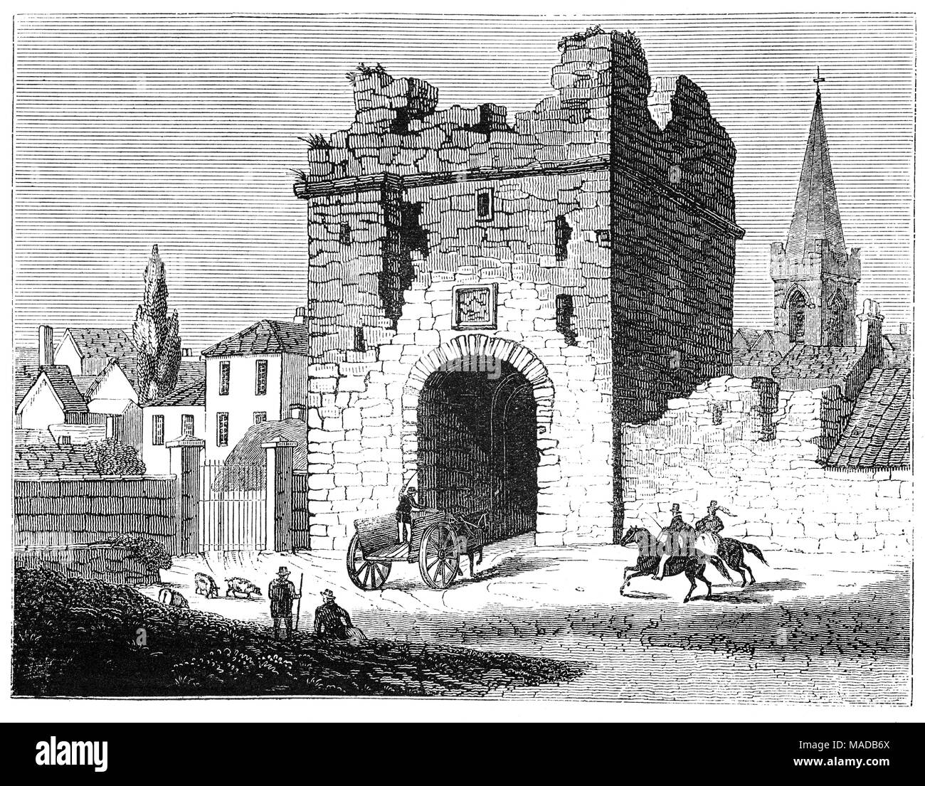 The sixteenth century North Gate (now demolished)  which formed part of the Town Walls of Athlone. The town  owes much to the location of a strategic ford (river crossing point) on the River Shannon. It straddles the border between County Westmeath and County Roscommon, Ireland. Stock Photo