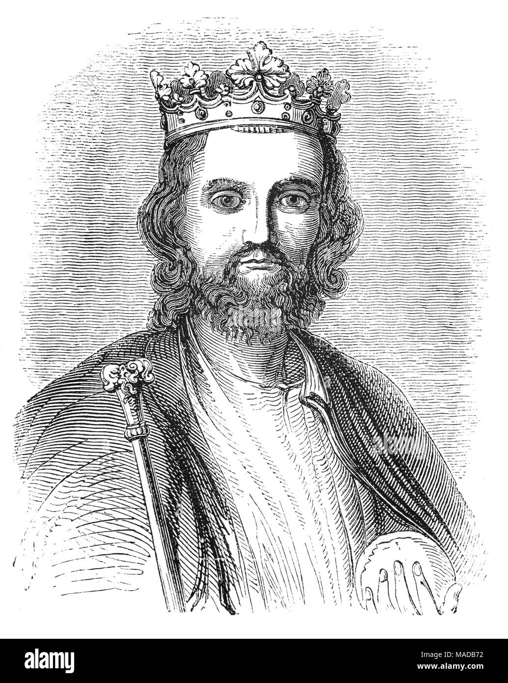 King Edward II (1284 – 1327), aka Edward of Carnarvon, was King of England from 1307 until deposed in January 1327. The fourth son of Edward I, Edward became the heir apparent to the throne following the death of his older brother Alphonso. Beginning in 1300, Edward accompanied his father on campaigns to pacify Scotland. He succeeded to the throne in 1307, following his father's death. In 1308, he married Isabella of France, the daughter of the powerful King Philip IV, as part of a long-running effort to resolve the tensions between the English and French crowns. Stock Photo