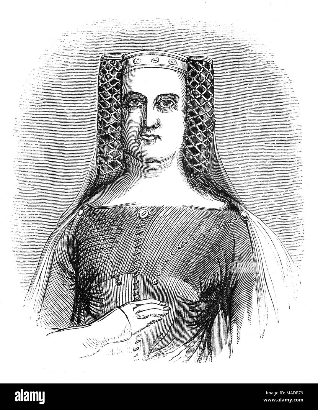 Philippa of Hainault (1314 – 1369) was Queen of England as the wife of King Edward III. Edward promised in 1326 to marry her within the following two years. She was married to Edward, first by proxy, when Edward dispatched the Bishop of Coventry 'to marry her in his name' in Valenciennes (second city in importance of the county of Hainaut). The marriage was celebrated formally in York Minster on 24 January 1328, some months after Edward's accession to the throne of England. Stock Photo