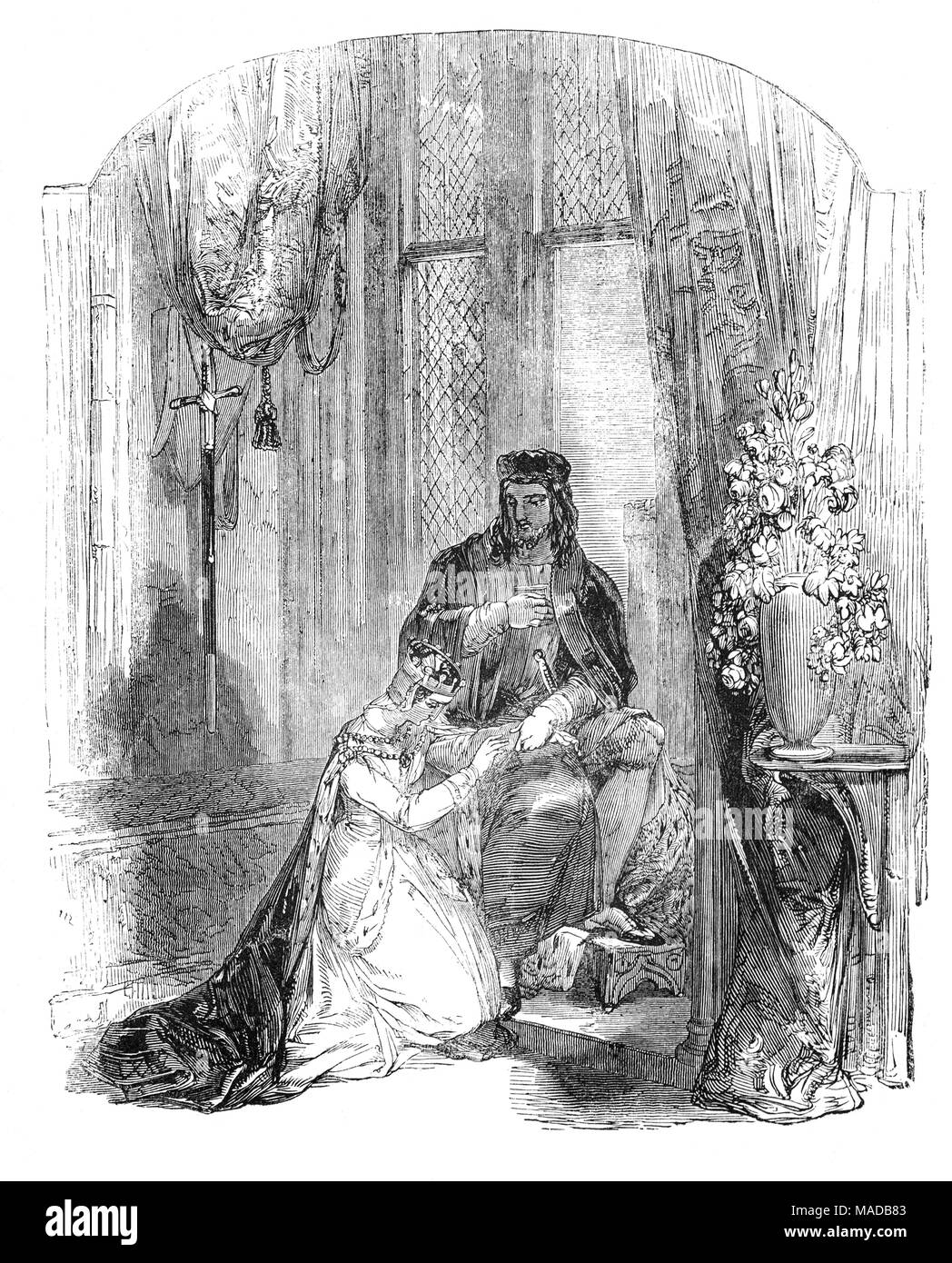 King Edward III and the Countess of Salisbury, an English noblewoman, remembered for her relationship with King. According to rumour, King Edward III was so enamoured of the countess that he forced his attentions on her in around 1341, after having relieved a Scottish siege on Wark Castle, where she lived, while her husband was out of the country. Around 1348, the Order of the Garter was founded by Edward III  after an incident at a ball when the 'Countess of Salisbury' dropped a garter and the king picked it up Stock Photo
