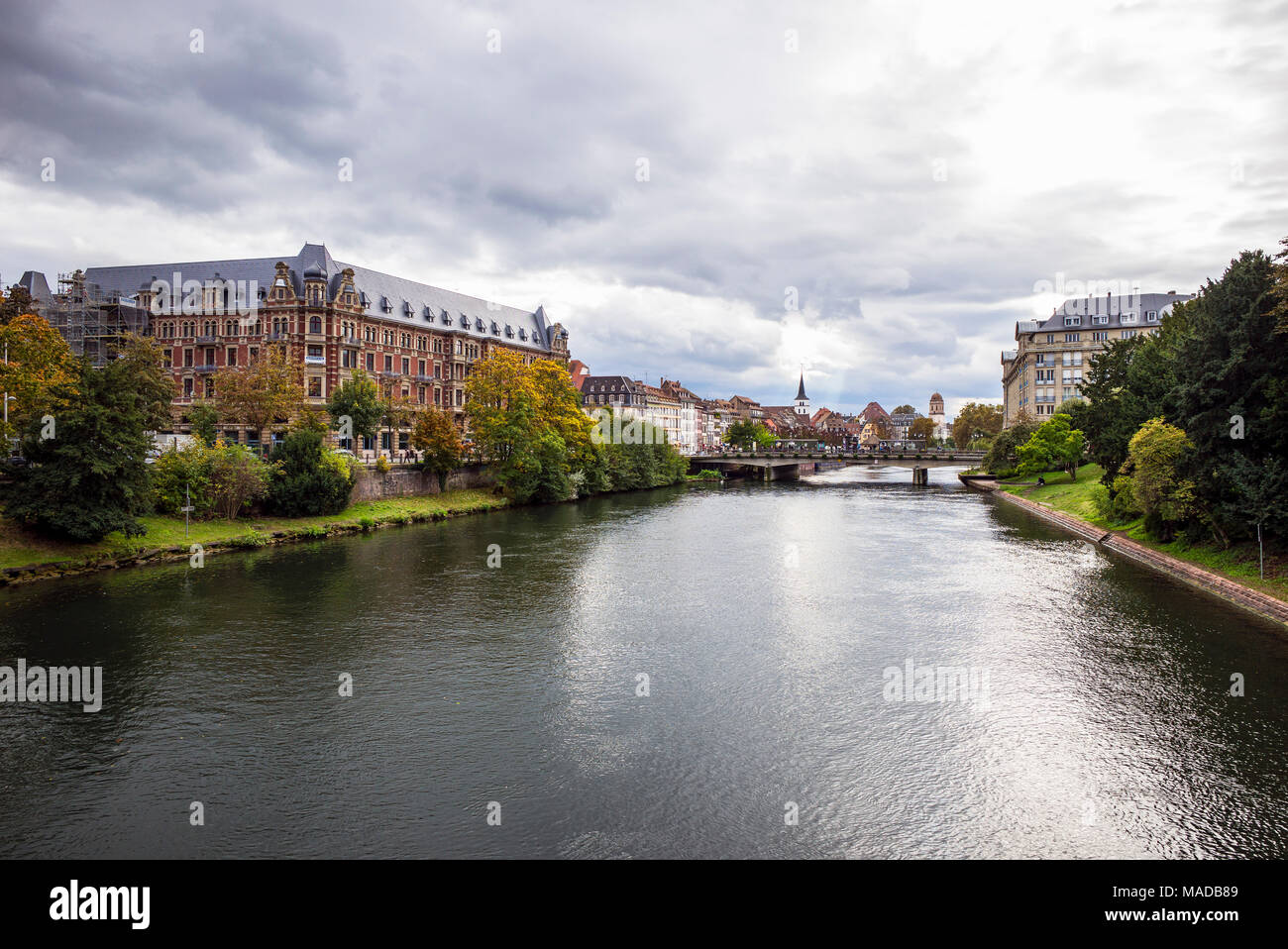 Gallia building, student residence, dorm accomodation, Ill river, waterfront houses perspective, Strasbourg, Alsace, France, Europe, Stock Photo