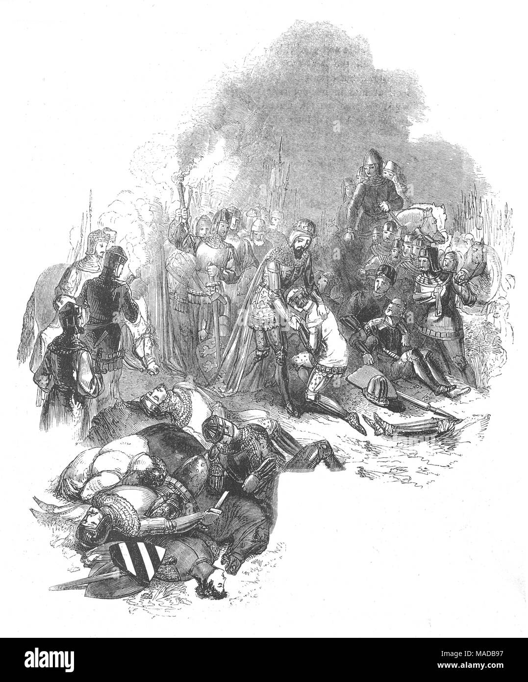 The Battle of Crécy aka, the Battle of Cressy, was fought on 26 August 1346 near Crécy, in northern France. It was an English victory during the Edwardian phase of the Hundred Years' War when an army of English, Welsh, and allied mercenary troops led by Edward III of England, engaged and defeated a much larger army of French, Genoese and Majorcan troops led by Philip VI of France. With the later battles of Poitiers in 1356, and Agincourt in 1415, it was the first of three famous English successes during the conflict. Stock Photo