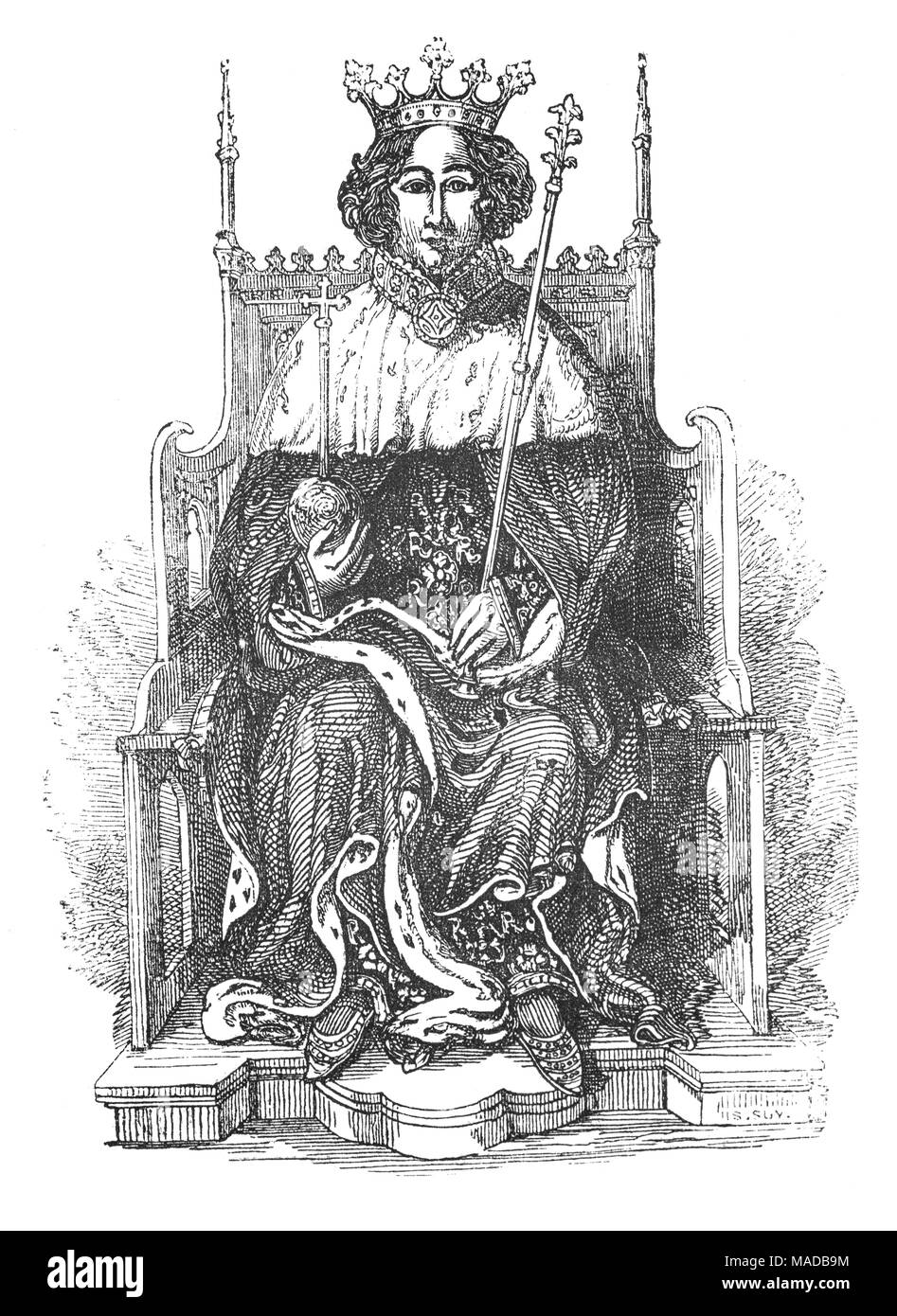 Richard II (1367 – 1400) aka Richard of Bordeaux, was King of England from 1377 until he was deposed on 30 September 1399. Richard, a son of Edward the Black Prince, was born in Bordeaux during the reign of his grandfather, Edward III. He was the younger brother of Edward of Angoulême, upon whose death Richard, at three years of age, became second in line to the throne after his father. Upon the death of Richard's father prior to the death of Edward III, Richard became the heir apparent to the throne. With Edward III's death the following year, Richard succeeded to the throne aged ten. Stock Photo