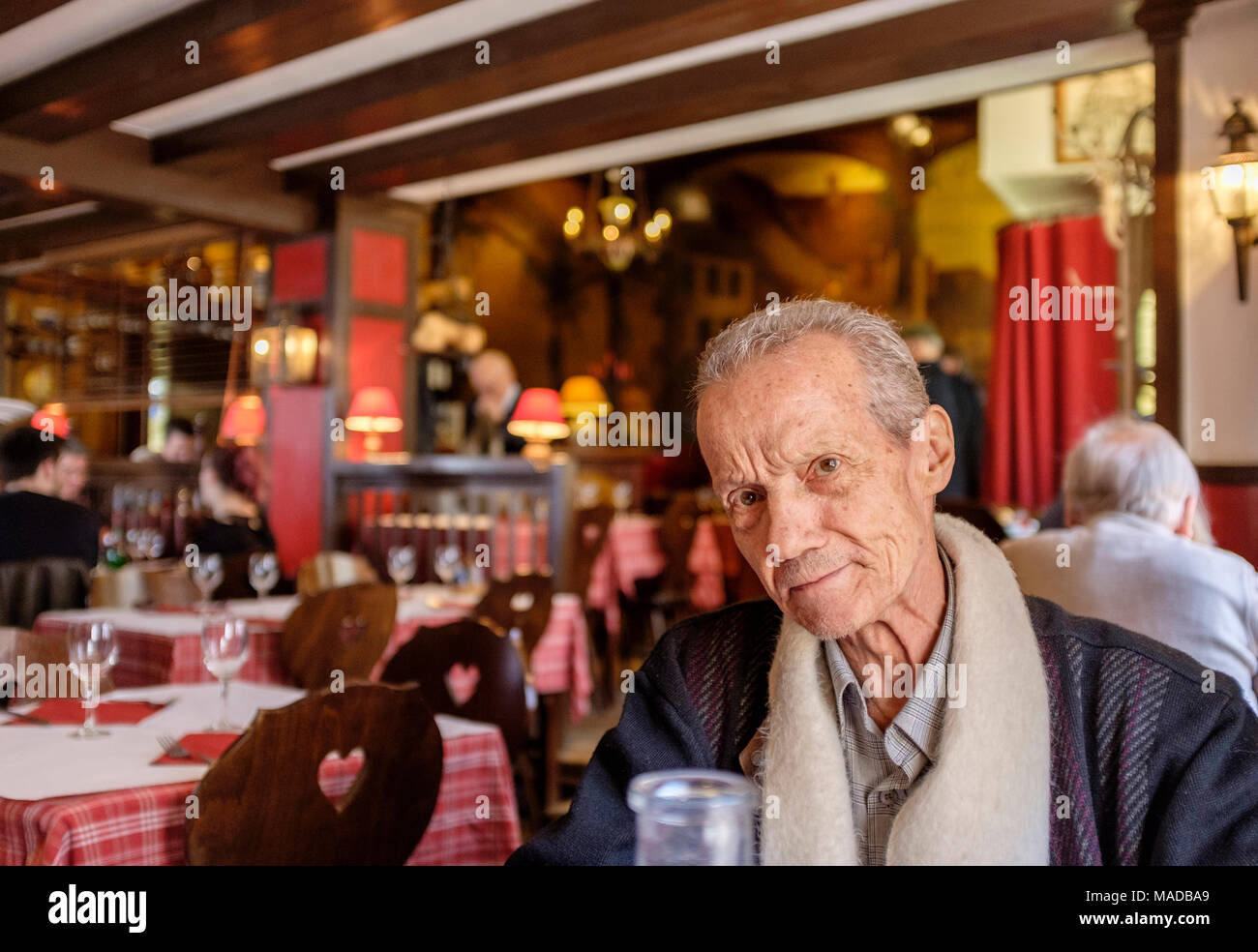 Senior man portrait, Renard Prêchant restaurant interior, Strasbourg, Alsace, France, Europe, Stock Photo