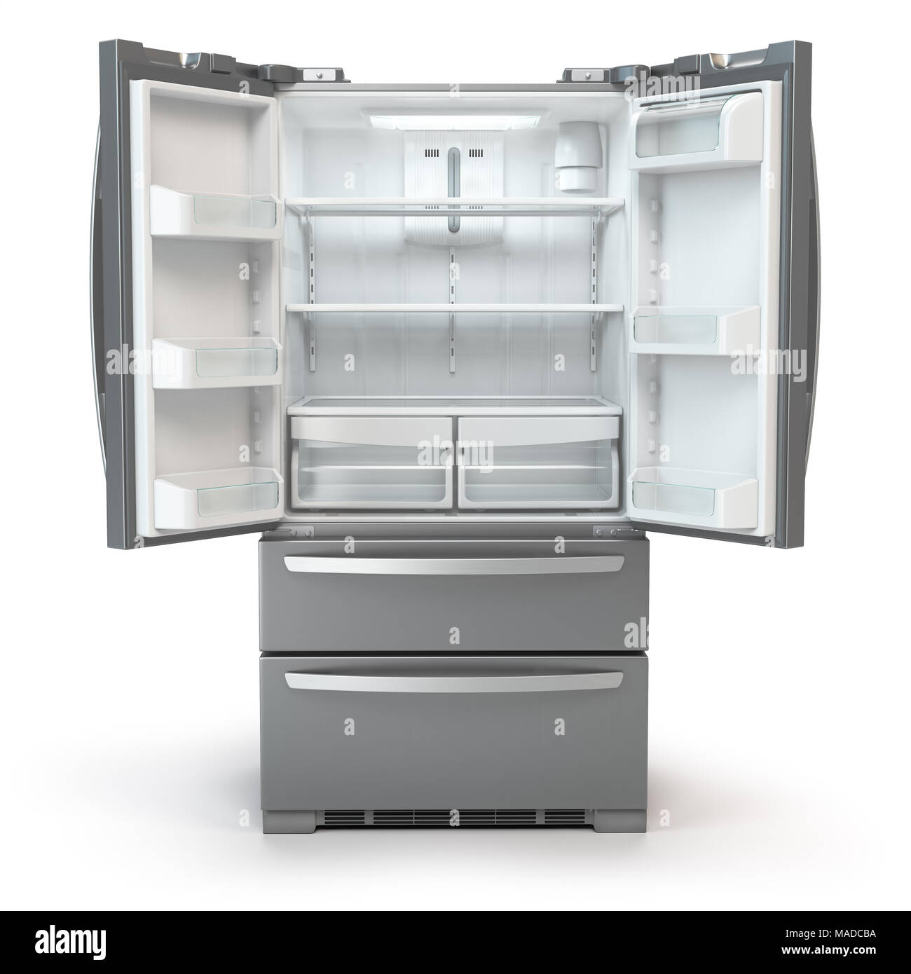 Open fridge freezer. Side by side stainless steel srefrigerator