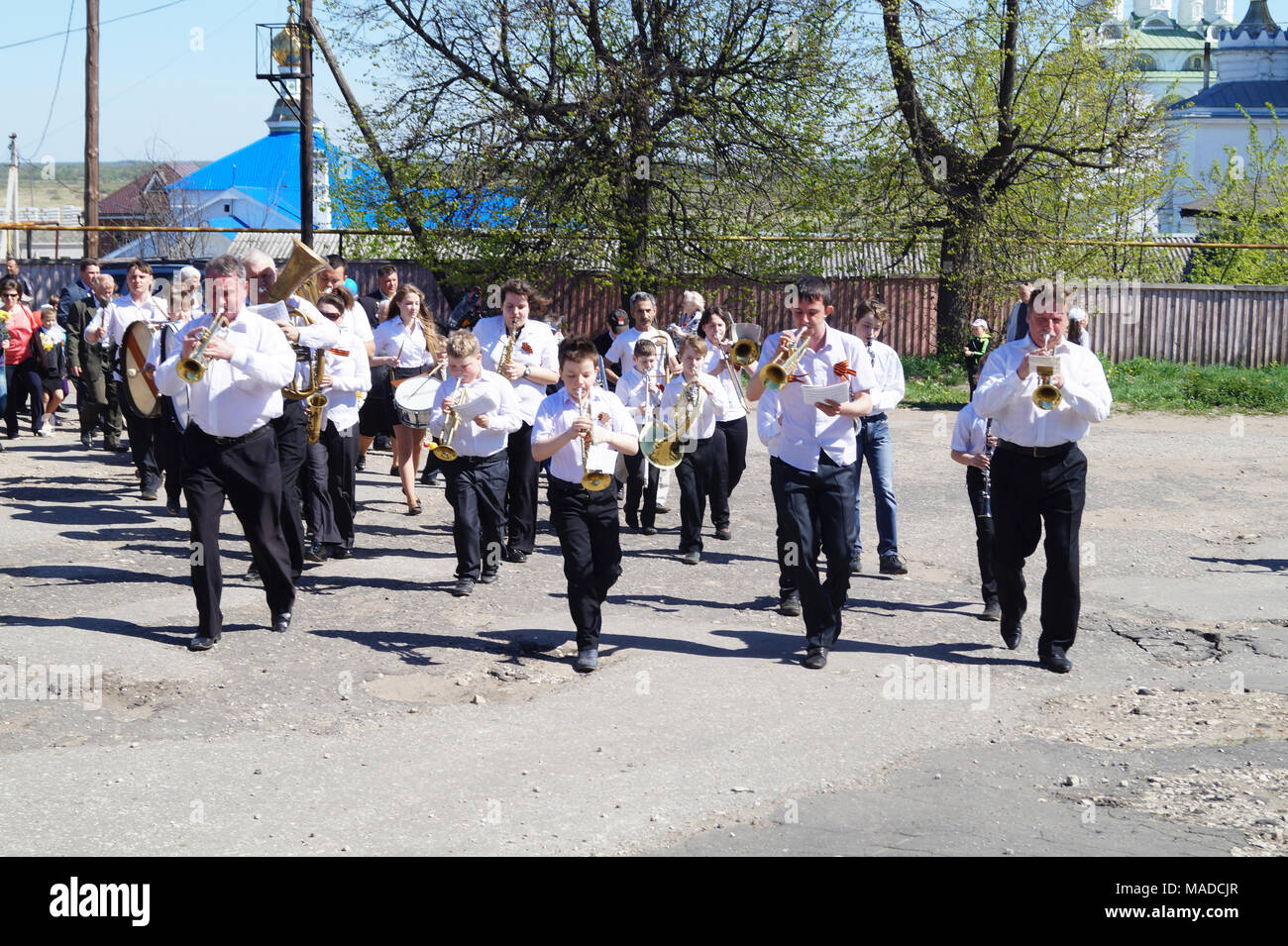 Mstyora,Russia-May 9,2014: People with music instrument go on celebration 9 May 2014 Stock Photo