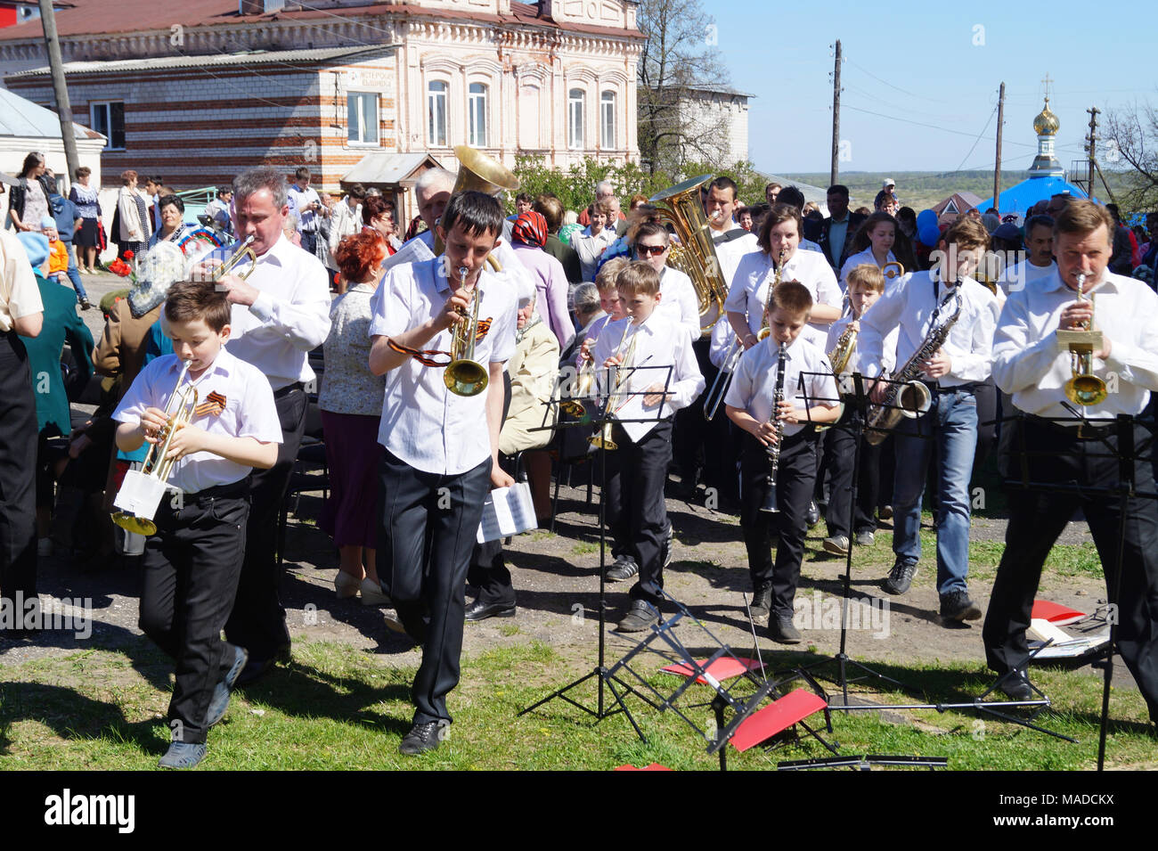 Mstyora,Russia-May 9,2014: People with music instrument go on celebration 9 May 2014 Stock Photo