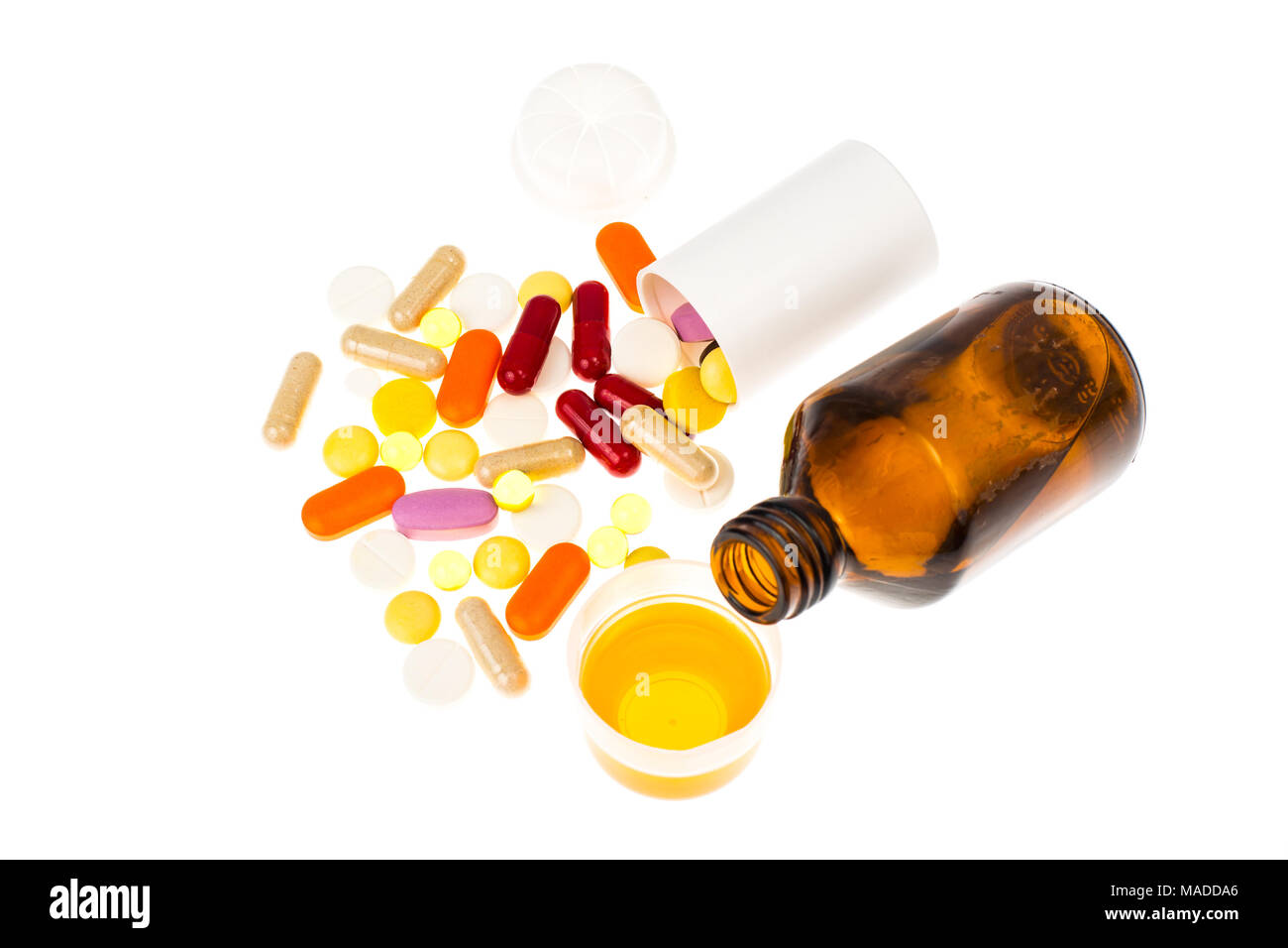 Tablets and syrups forms of medication. Studio Photo Stock Photo