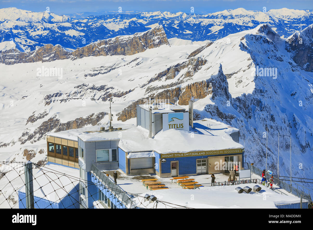 Mt. Titlis, Switzerland - 9 March, 2016: view on the top of the mountain. The Titlis is a mountain, located on the border between the Swiss cantons of Stock Photo