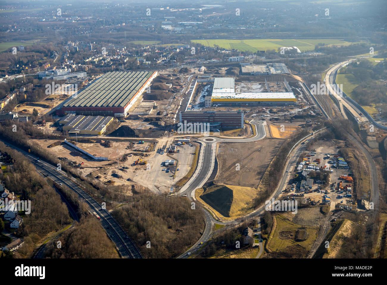 Post subsidiary DHL is building a mega parcel center on the former Opel site in Bochum-Laer. DHL logistics center, tangent between Nordhausen ring and Stock Photo