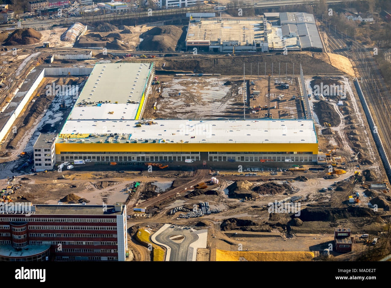 Post subsidiary DHL is building a mega parcel center on the former Opel site in Bochum-Laer. DHL logistics center, tangent between Nordhausen-Ring and Stock Photo