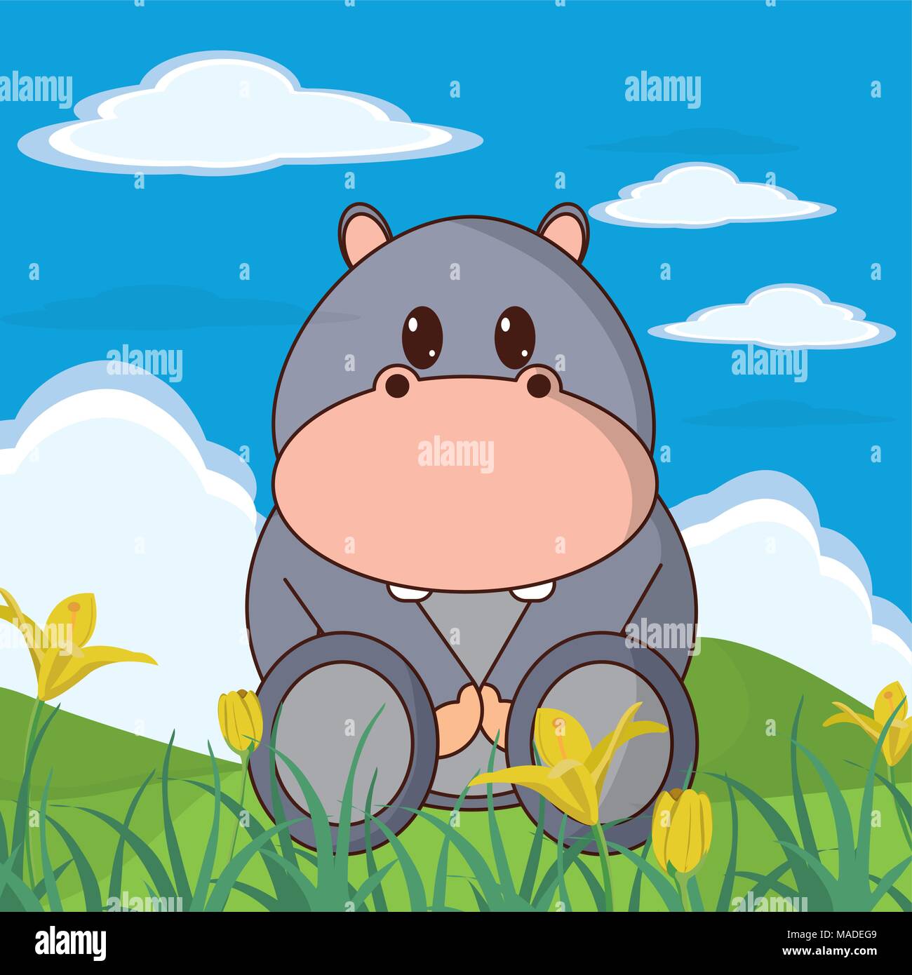 Hippo cute animal in landscape cartoons vector illustration graphic ...