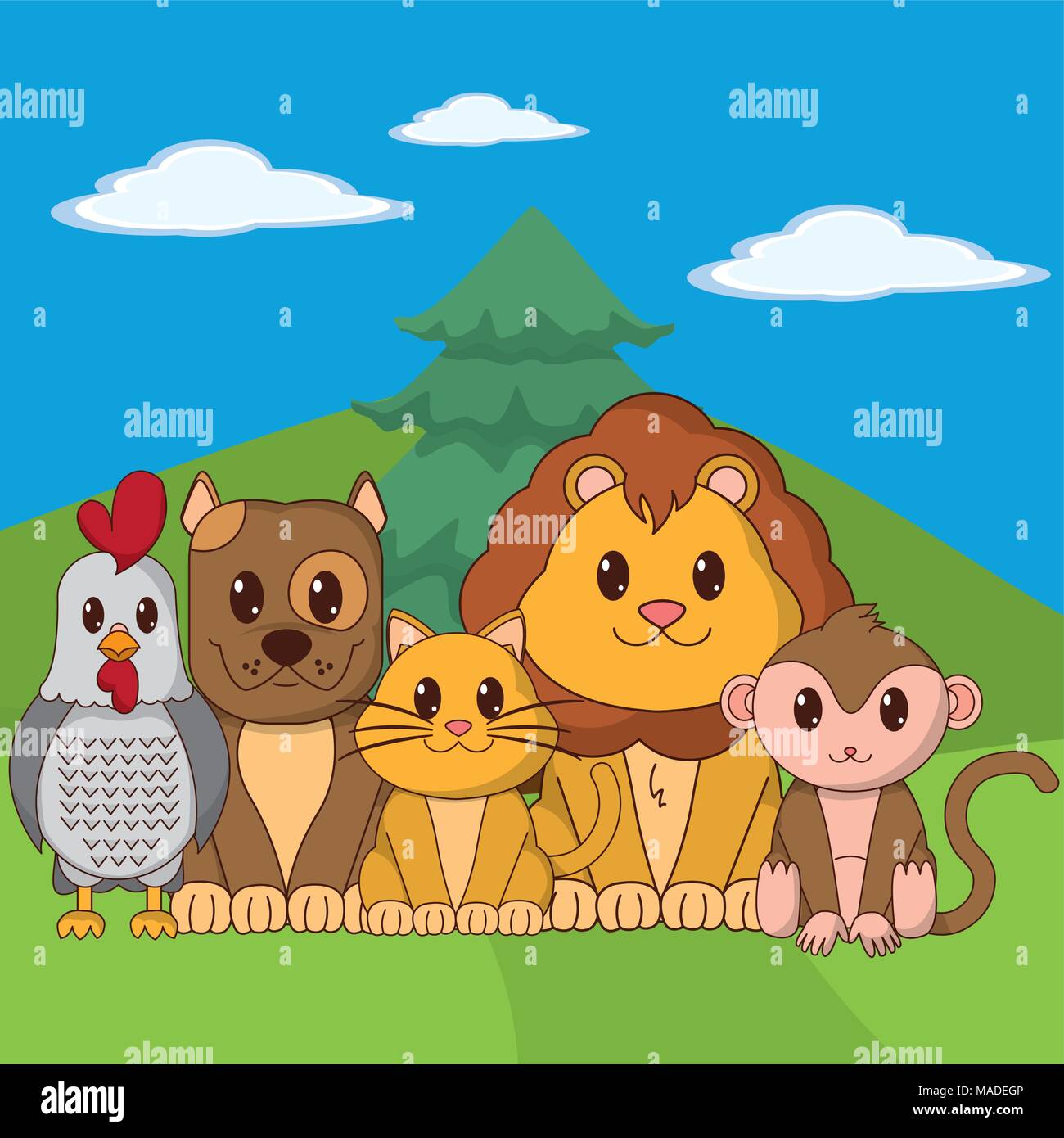 Cute animals cartoons on landscape vector illustration graphic design ...