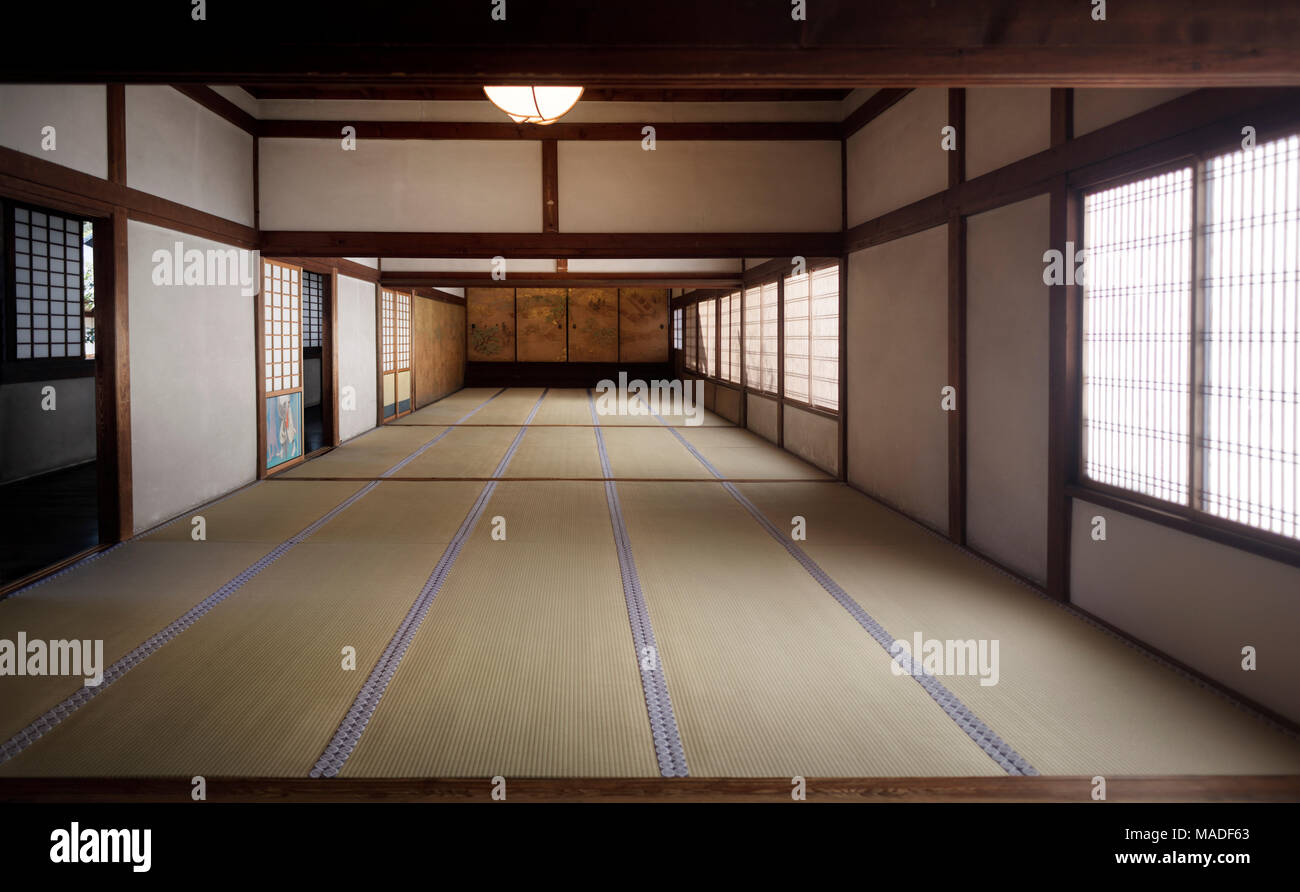 Traditional Japanese interior with tatami mats and painted shoji sliding screens in Sanbo-in, Sanboin, a Buddhist temple of Daigoji complex in Fushimi Stock Photo
