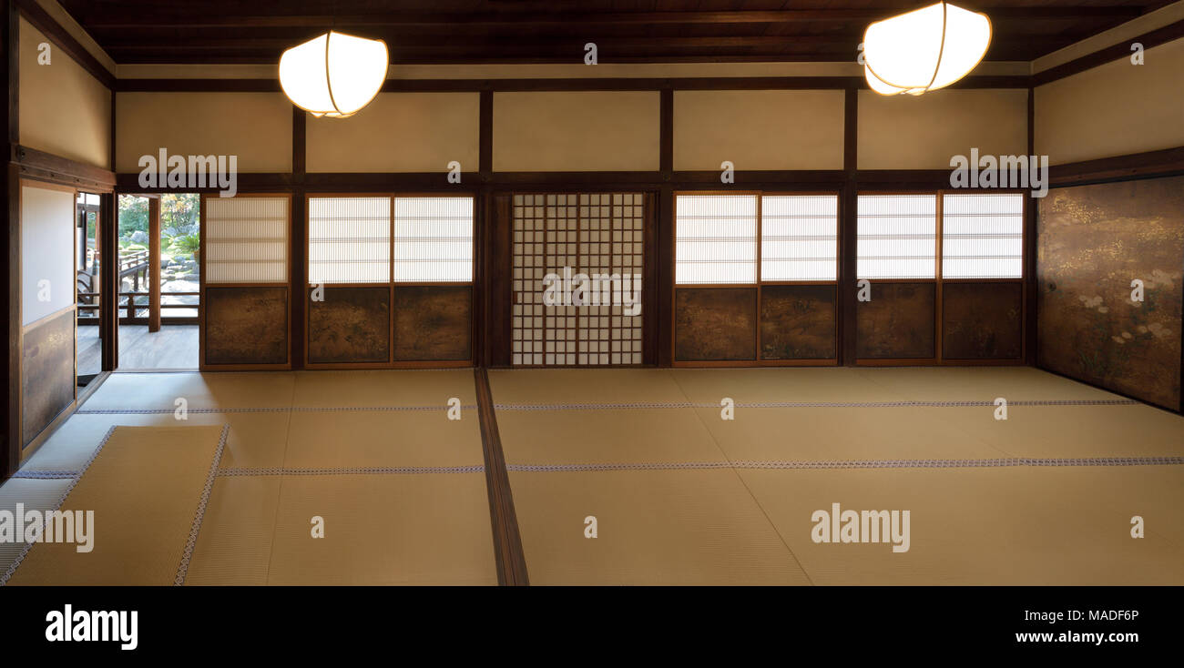 License and prints at MaximImages.com - Traditional Japanese interior with tatami mats and painted shoji sliding screens in Sanbo-in, Sanboin Buddhist Stock Photo