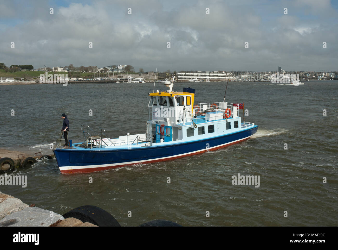 The Cremyll passenger Ferry crossing the Tamar from Plymouth in devon to Cremyll/ Mount Edgcumbe in Cornwall. Stock Photo