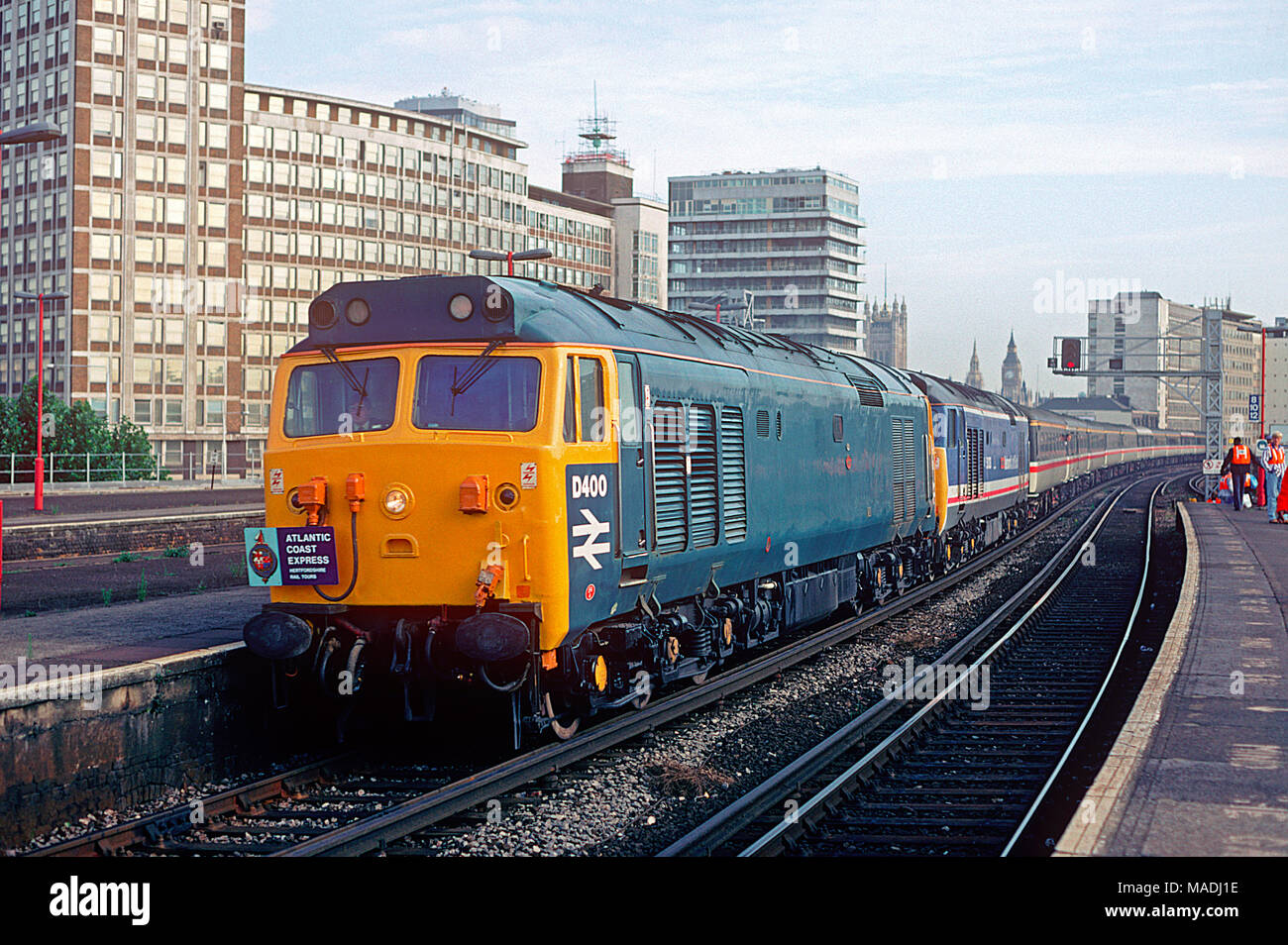 A pair of class 50 diesel locomotives numbers 50050 (D400) and 50033 'Glorious' double heading Hertfordshire Rail Tours 'Atlantic Coast Express' at Vauxhall in west London on the18th July 1993. Stock Photo