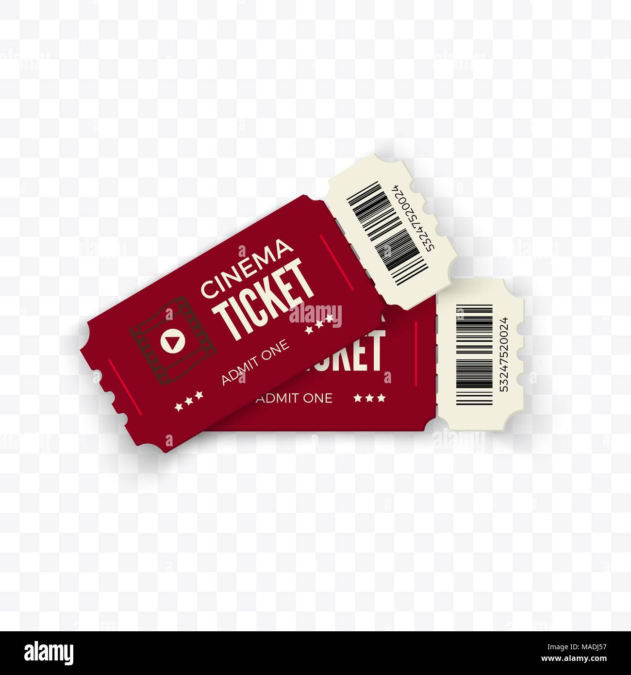 Movie tickets.  Red couple cinema tickets isolated on transparent background. Vector illustration Stock Vector